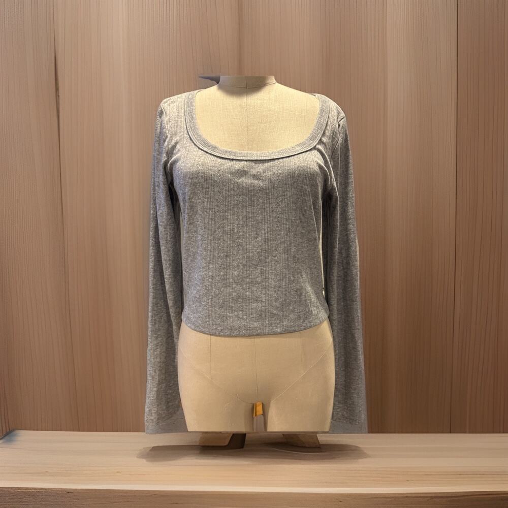 Wild Fable Women Large Trendy Square Neck Gray Long Sleeve Pointelle Shirt New